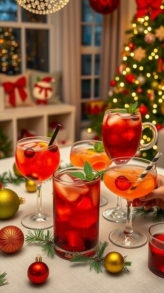 A festive display of Christmas cocktails including cranberry sparkler, spiced apple cider, and pomegranate mojito on a decorated table.